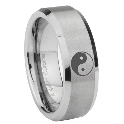 10mm Yin Yang Beveled Edges Matte Grey Tungsten Carbide Anniversary Ring