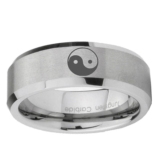 10mm Yin Yang Beveled Edge Matte Grey Tungsten Ring