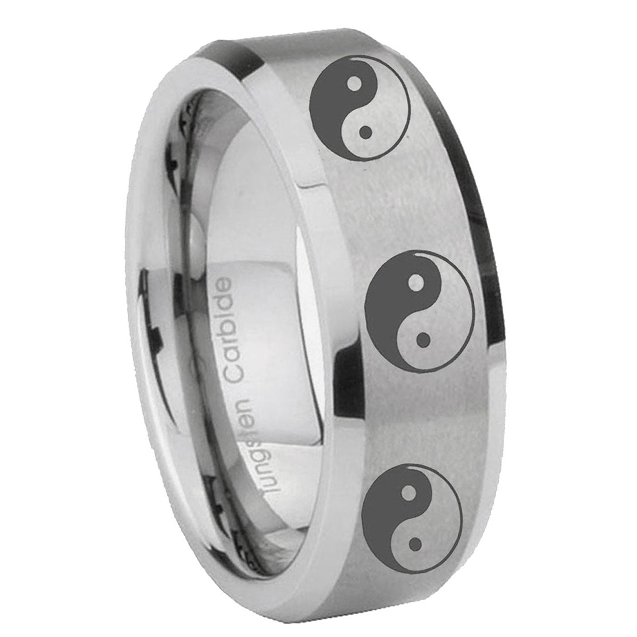 10mm Multiple Yin Yang Beveled Edges Matte Grey Tungsten Carbide Custom Mens Ring