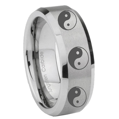 10mm Multiple Yin Yang Beveled Edges Matte Grey Tungsten Carbide Custom Mens Ring
