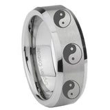 8mm Multiple Yin Yang Bevel Edge Brushed Gray Tungsten Carbide Mens Promise Ring