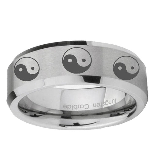 10mm Multiple Yin Yang Beveled Edge Matte Grey Tungsten Ring