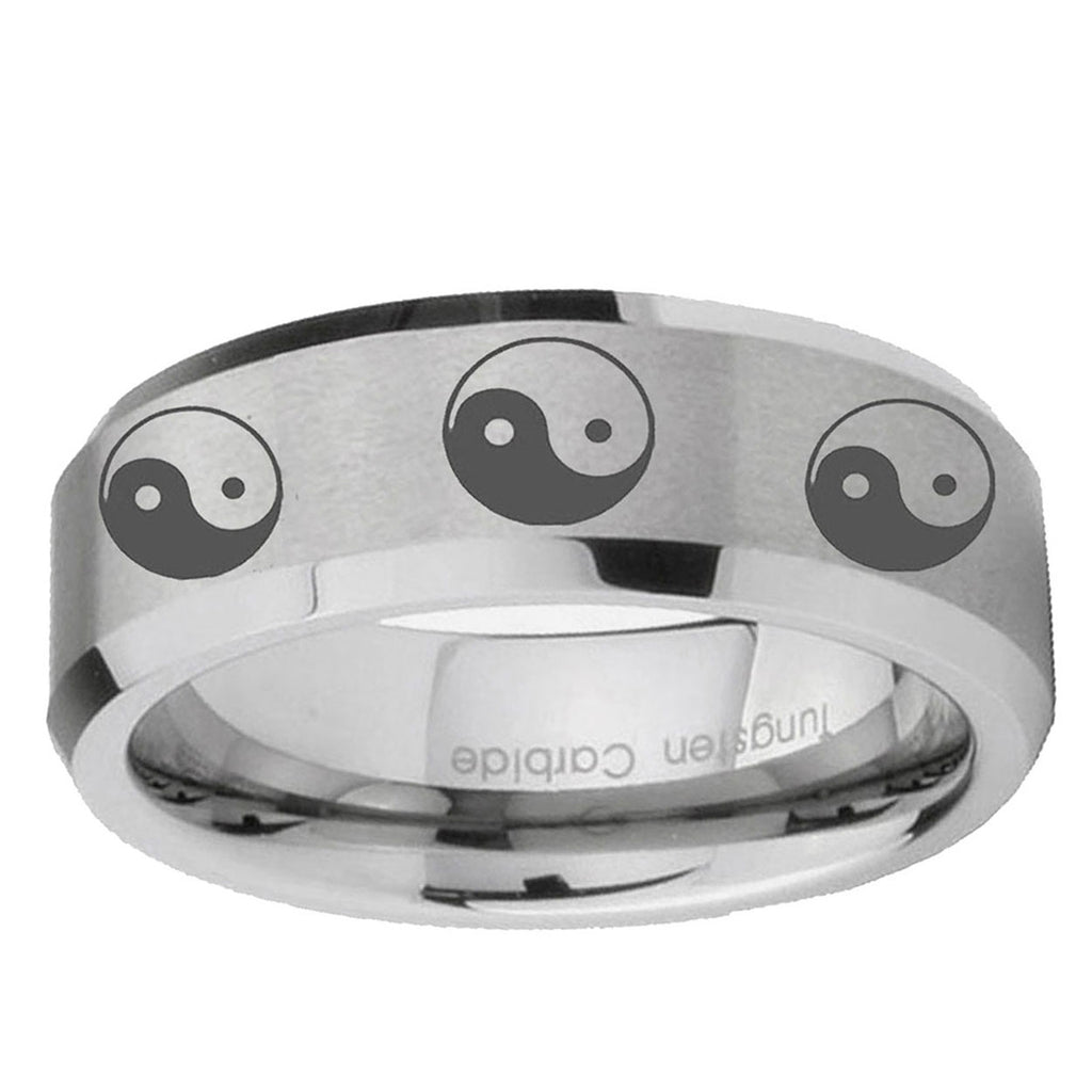 6MM Multiple Yin Yang Beveled Brushed Gray Tungsten Ring Men