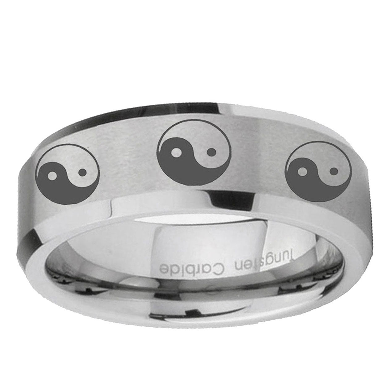6MM Multiple Yin Yang Beveled Brushed Gray Tungsten Ring Men
