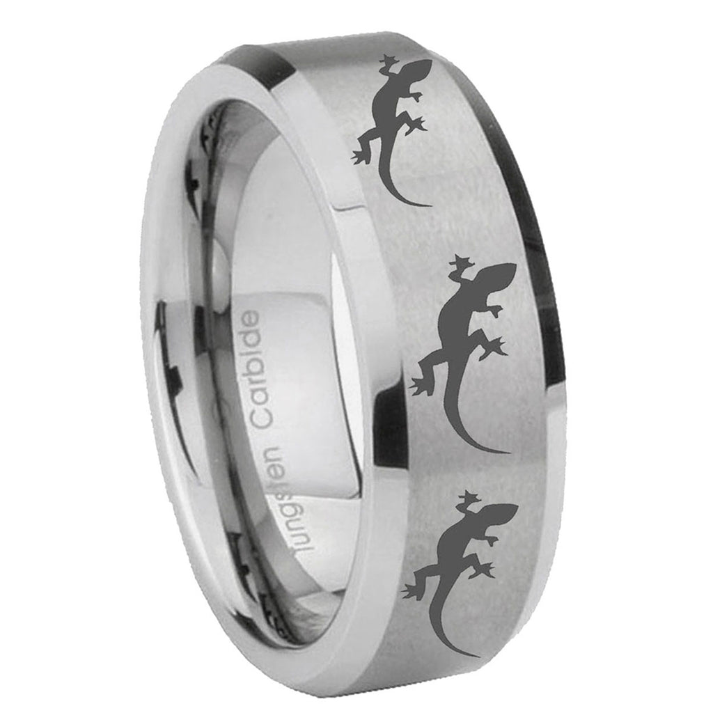8MM Multiple Lizard Bevel Beveled Brushed Gray Tungsten Mens Ring