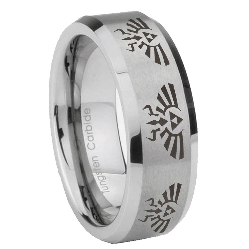 8MM Multiple Zelda Skyward Beveled Brushed Gray Tungsten Ring For Men