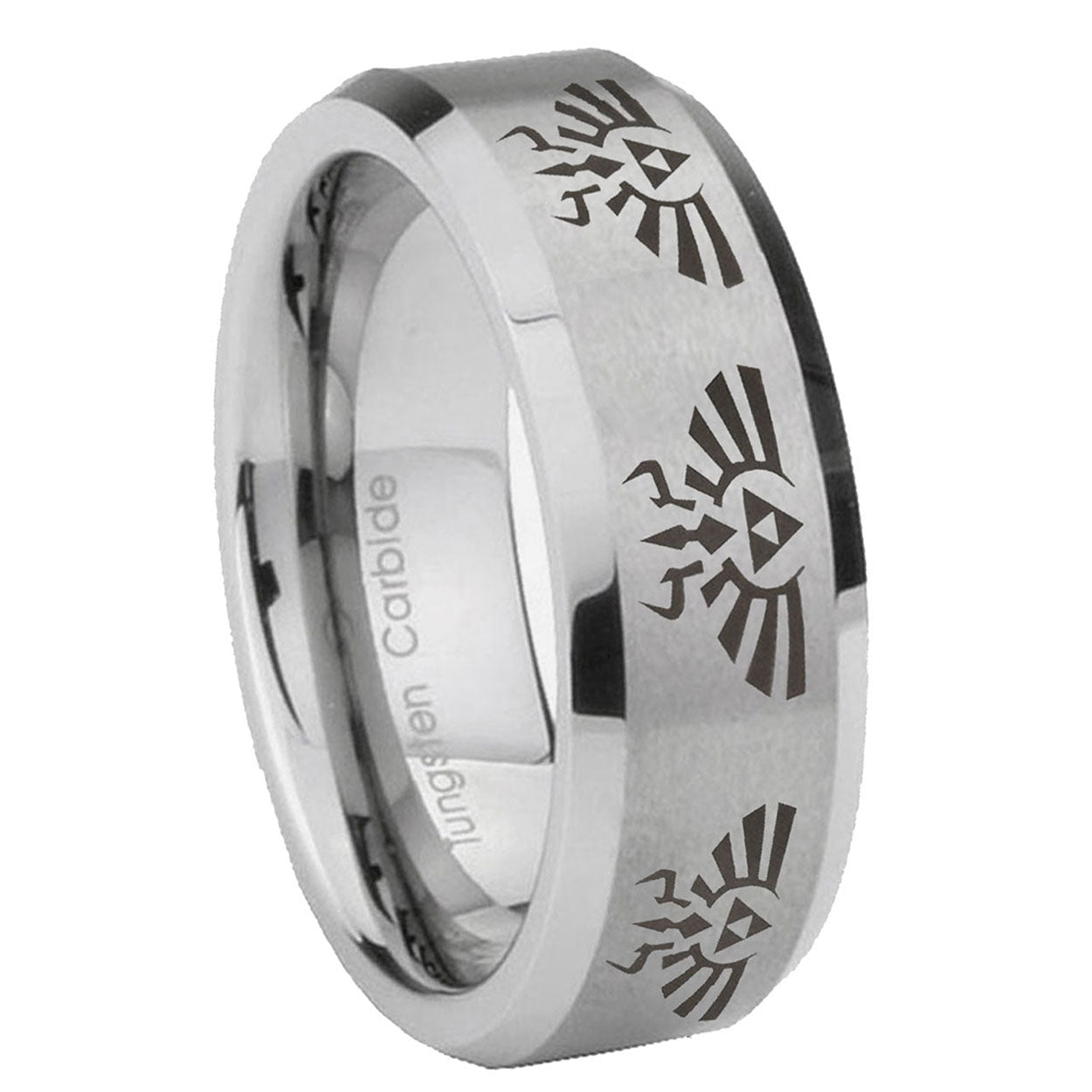 8MM Multiple Zelda Skyward Beveled Brushed Gray Tungsten Ring For Men