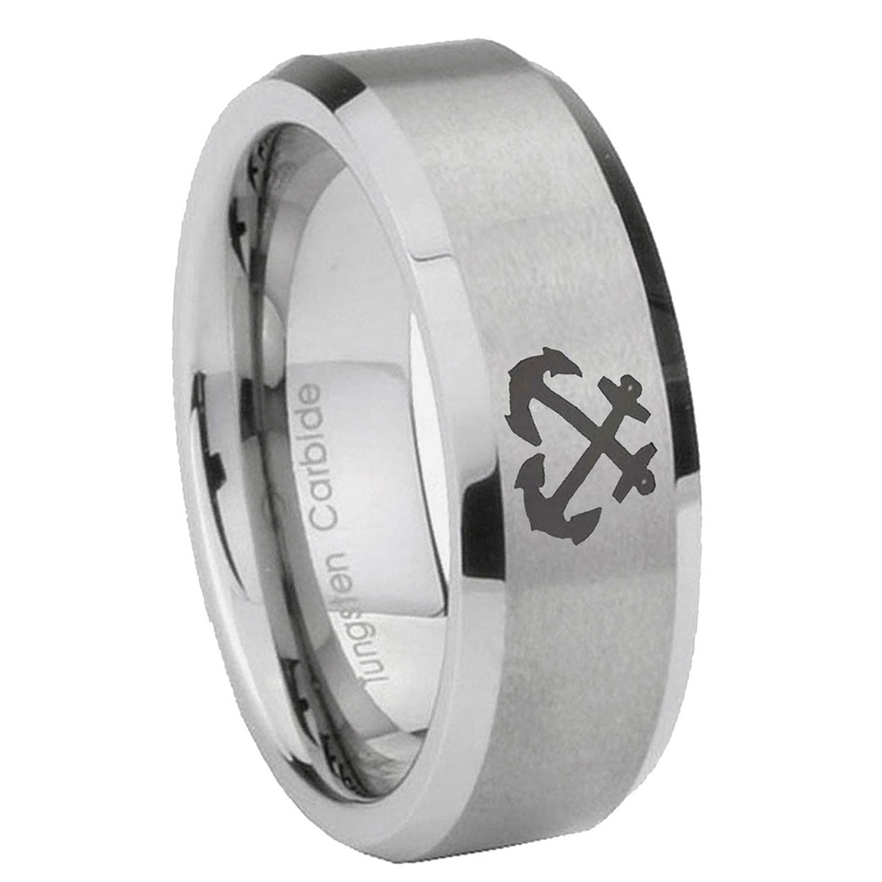 8MM Anchor Beveled Brushed Gray Tungsten Custom Ring