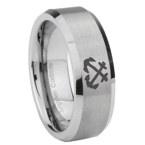 10mm Anchor Beveled Edges Matte Grey Tungsten Carbide Personalized Ring