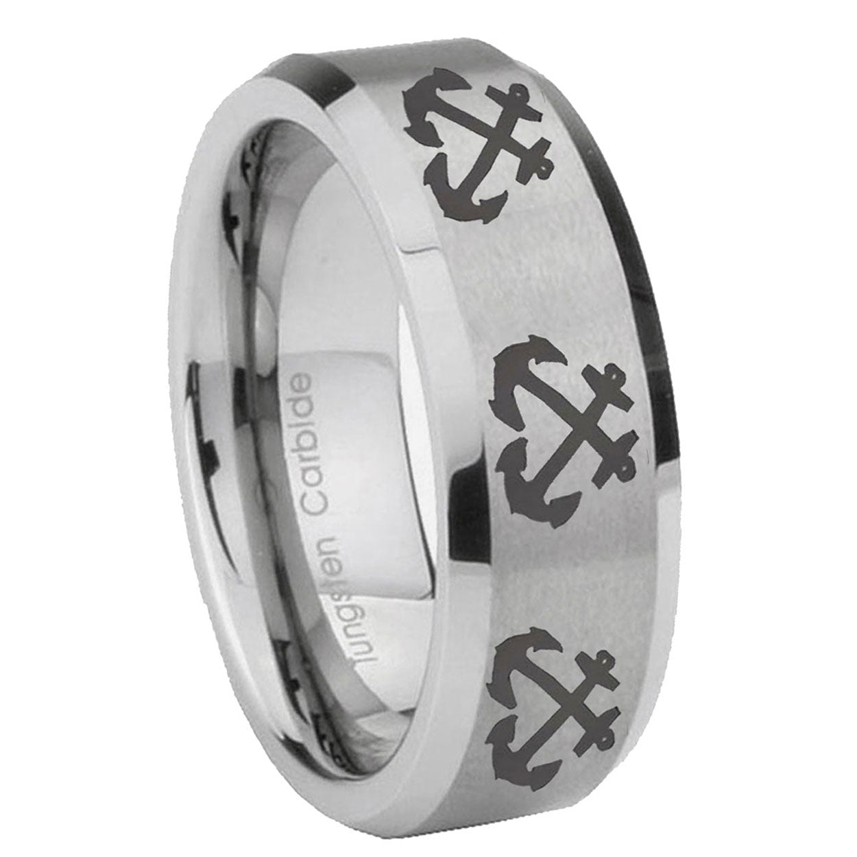10mm Multiple Anchor Beveled Edges Matte Grey Tungsten Carbide Mens Promise Ring