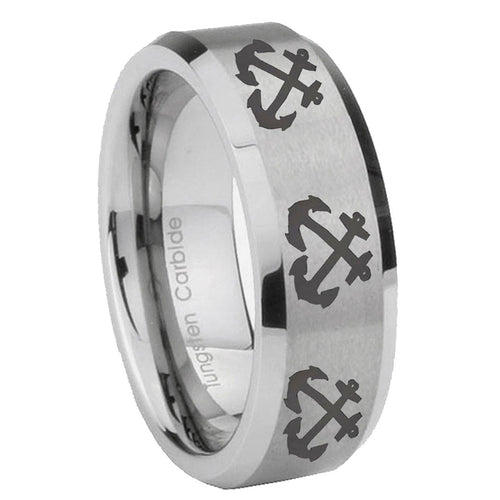 10mm Multiple Anchor Beveled Edges Matte Grey Tungsten Carbide Mens Promise Ring