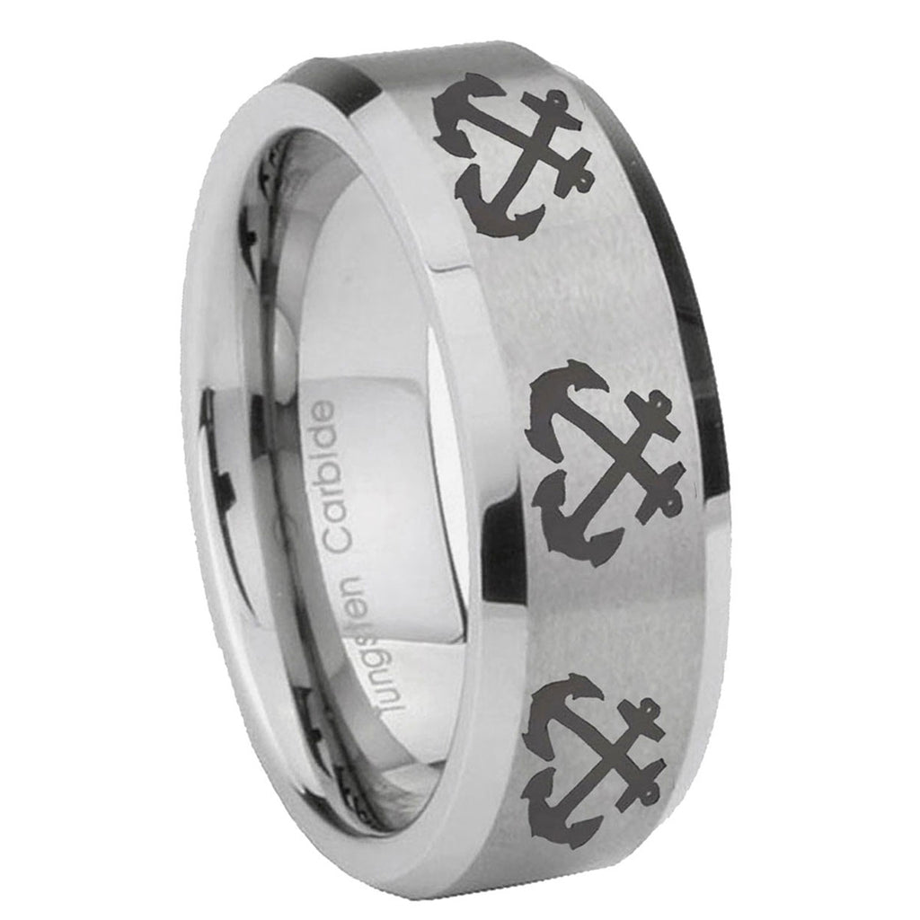 8MM Multiple Anchor Bevel Beveled Brushed Gray Tungsten Ring Men