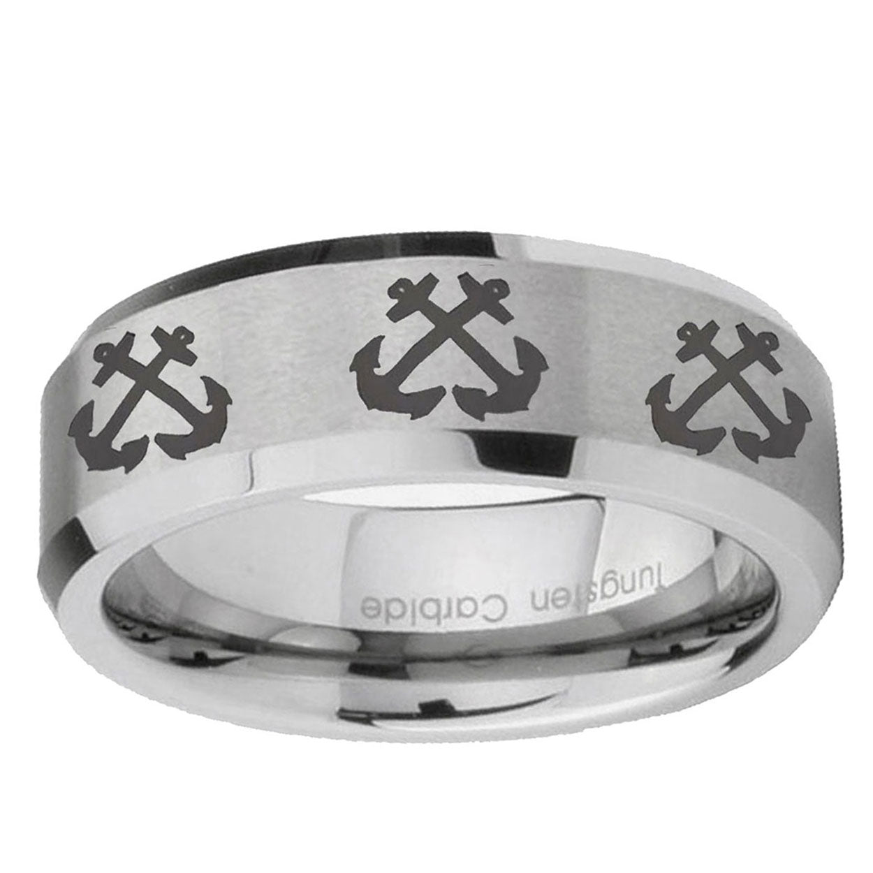 6MM Multiple Anchor Bevel Beveled Brushed Gray Tungsten Ring Men