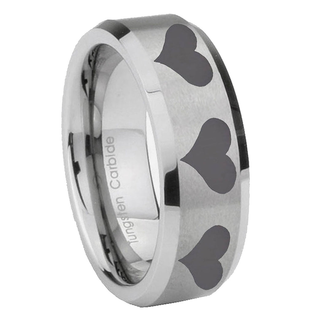 8MM Multiple Heart Beveled Brushed Gray Tungsten Mens Ring