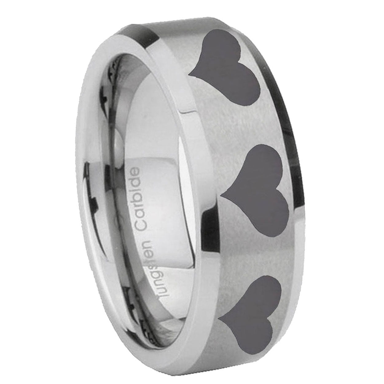 8MM Multiple Heart Beveled Brushed Gray Tungsten Mens Ring