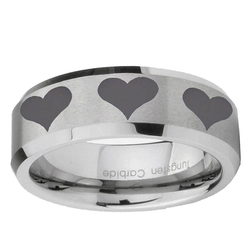 6MM Multiple Heart Beveled Brushed Gray Tungsten Mens Ring