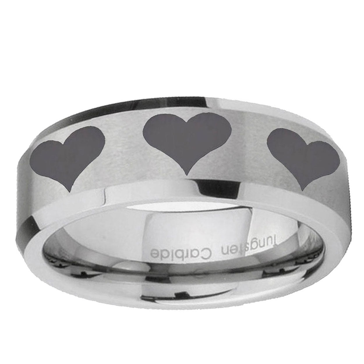 6MM Multiple Heart Beveled Brushed Gray Tungsten Mens Ring