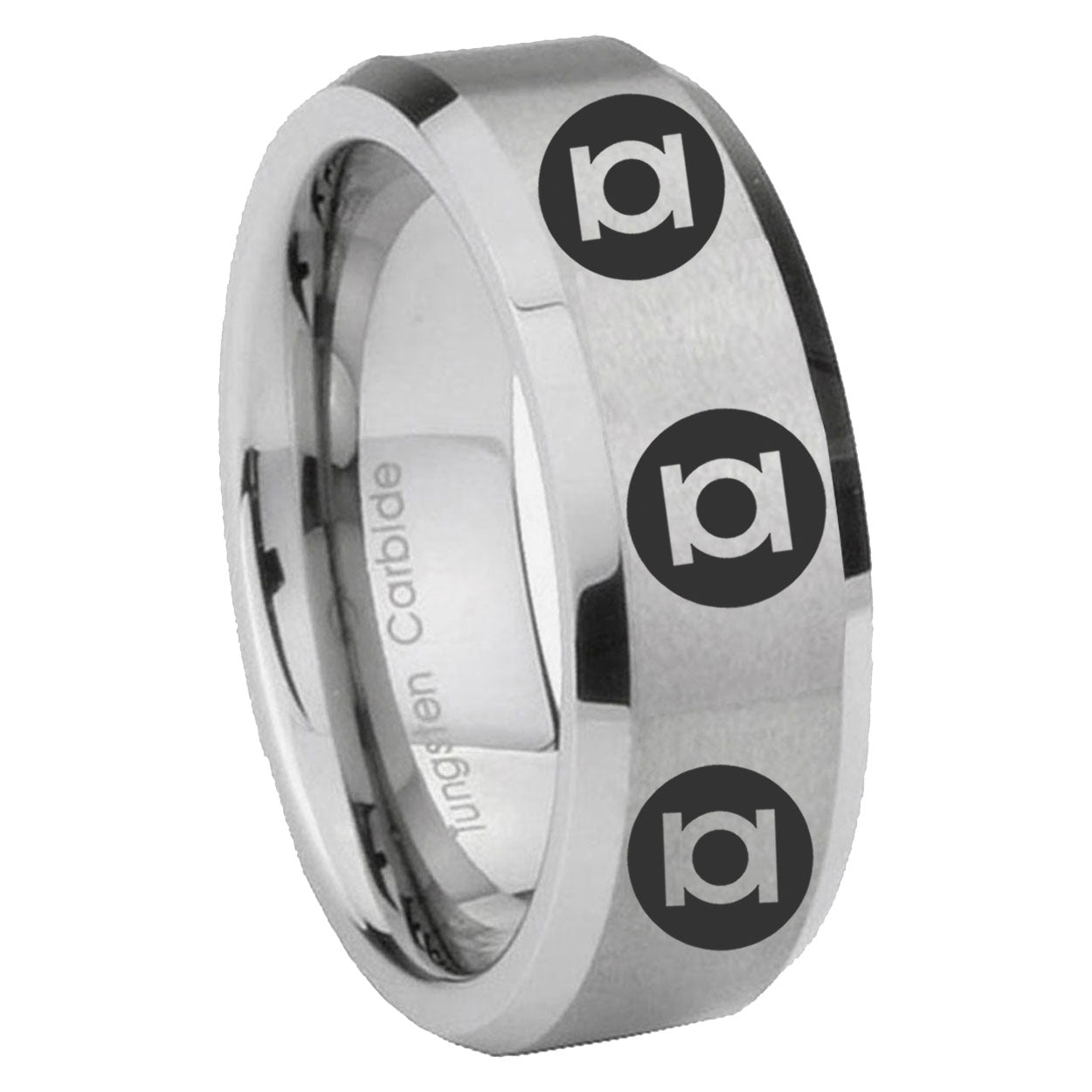 8MM Multiple Green Lantern Beveled Brushed Gray Tungsten Ring For Man