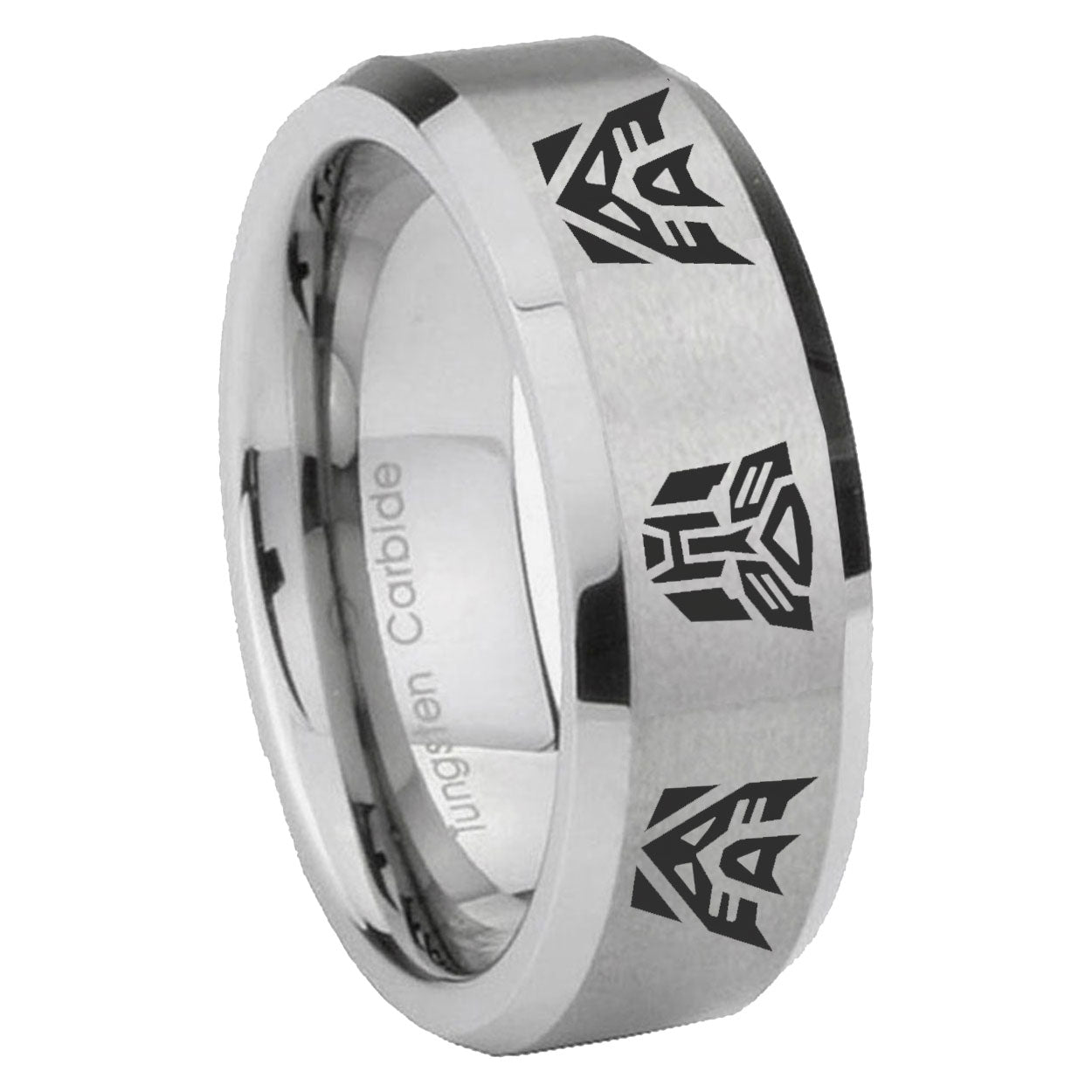 8MM Transformers Autobot Decepticon Beveled Brushed Gray Tungsten Ring