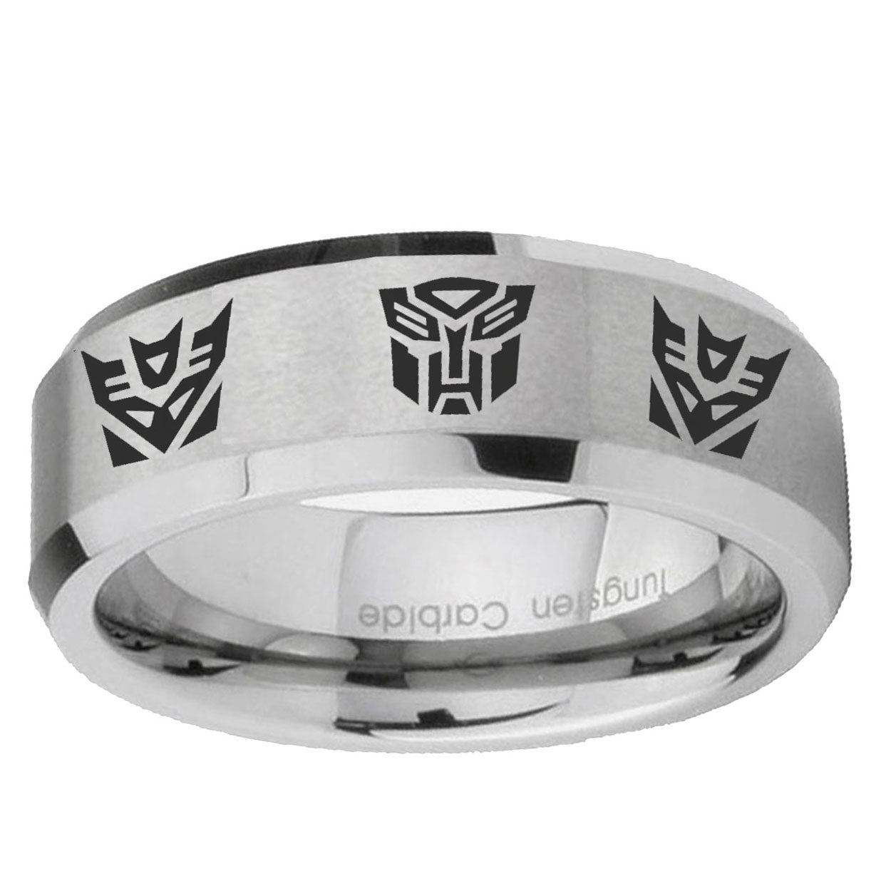 6MM Transformers Autobot Decepticon Beveled Brushed Gray Tungsten Ring