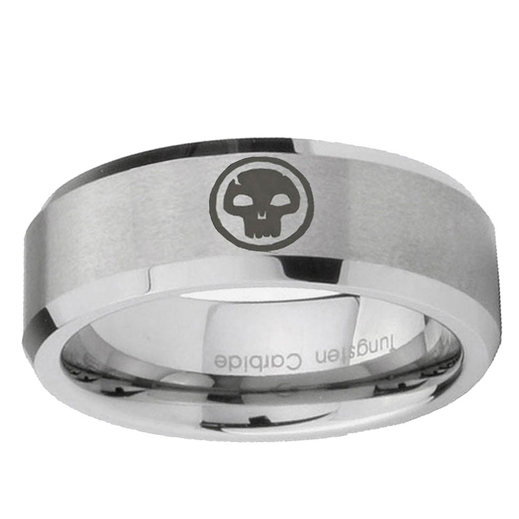 6MM Skull Beveled Brushed Gray Tungsten Man Wedding Band