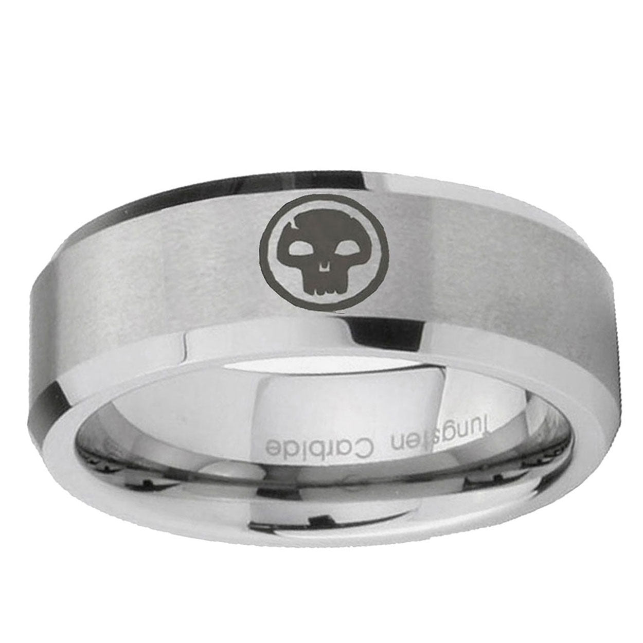 10mm Skull Beveled Edge Matte Grey Tungsten Ring