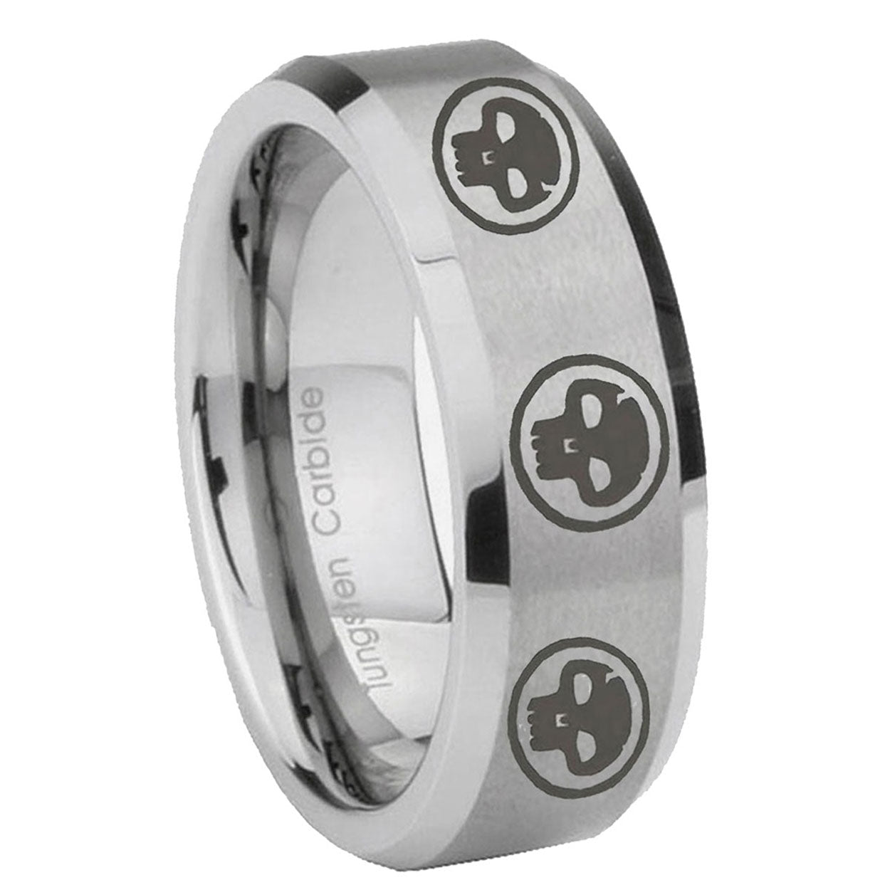 8MM Multiple Skull Beveled Brushed Gray Tungsten Ring Men