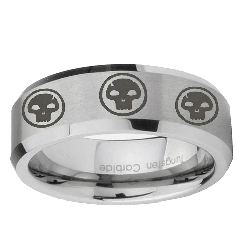 6MM Multiple Skull Beveled Brushed Gray Tungsten Ring Men