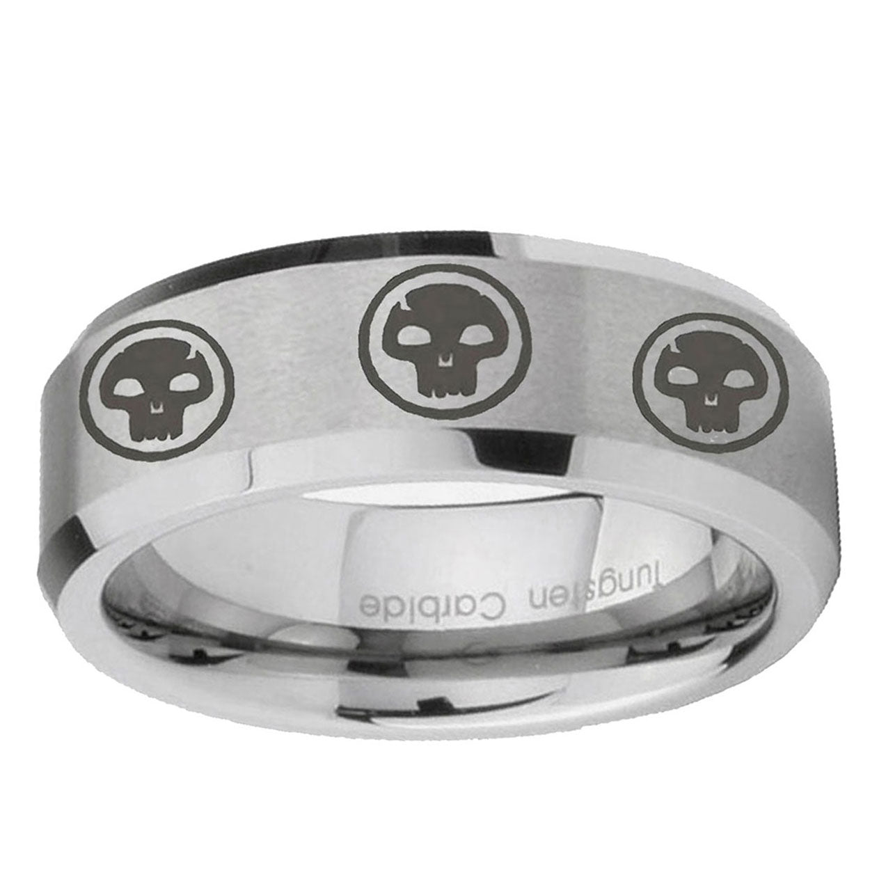 6MM Multiple Skull Beveled Brushed Gray Tungsten Ring Men