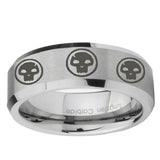 6mm Multiple Skull Bevel Edge Brushed Gray Tungsten Carbide Engraved Ring