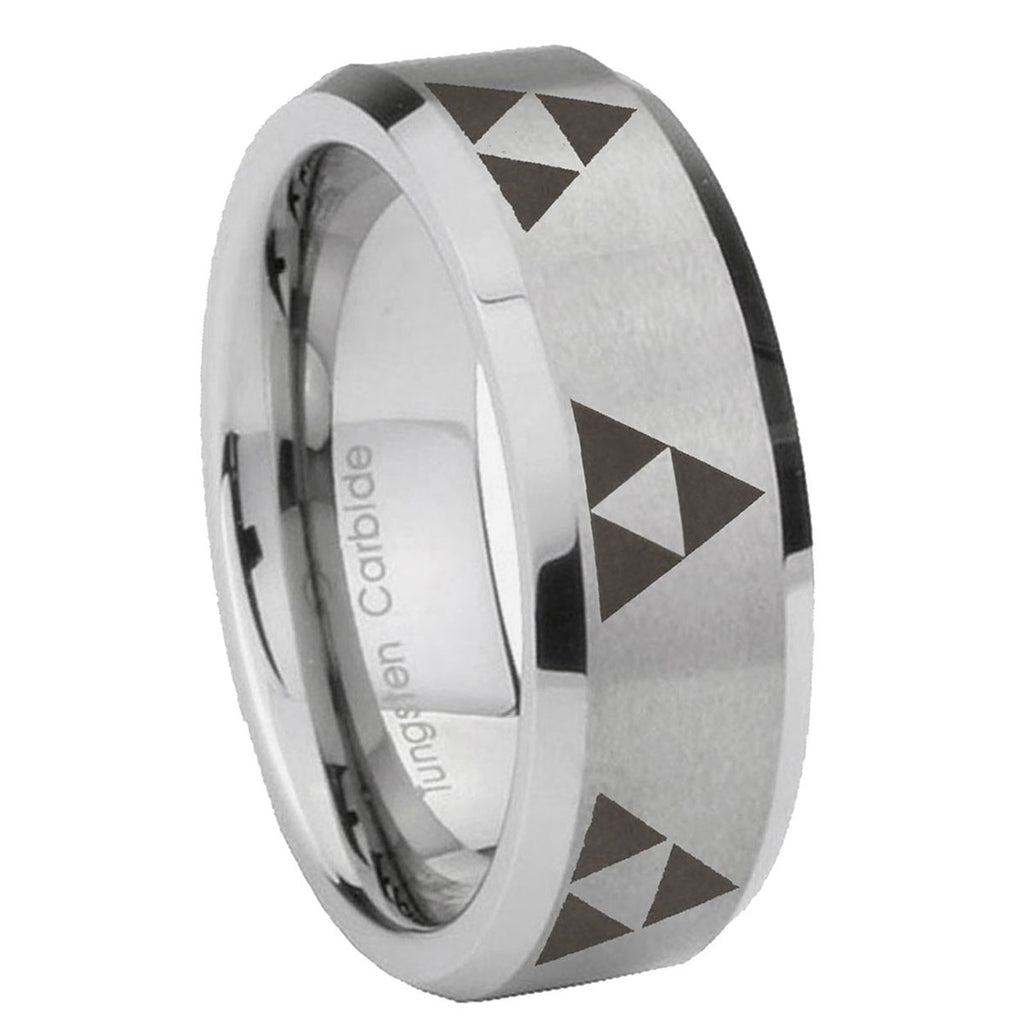 8MM Multiple Zelda Triforce Beveled Brushed Gray Tungsten Ring