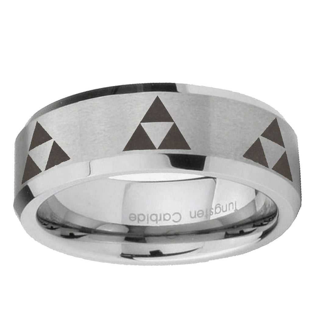 6MM Multiple Zelda Triforce Beveled Brushed Gray Tungsten Ring