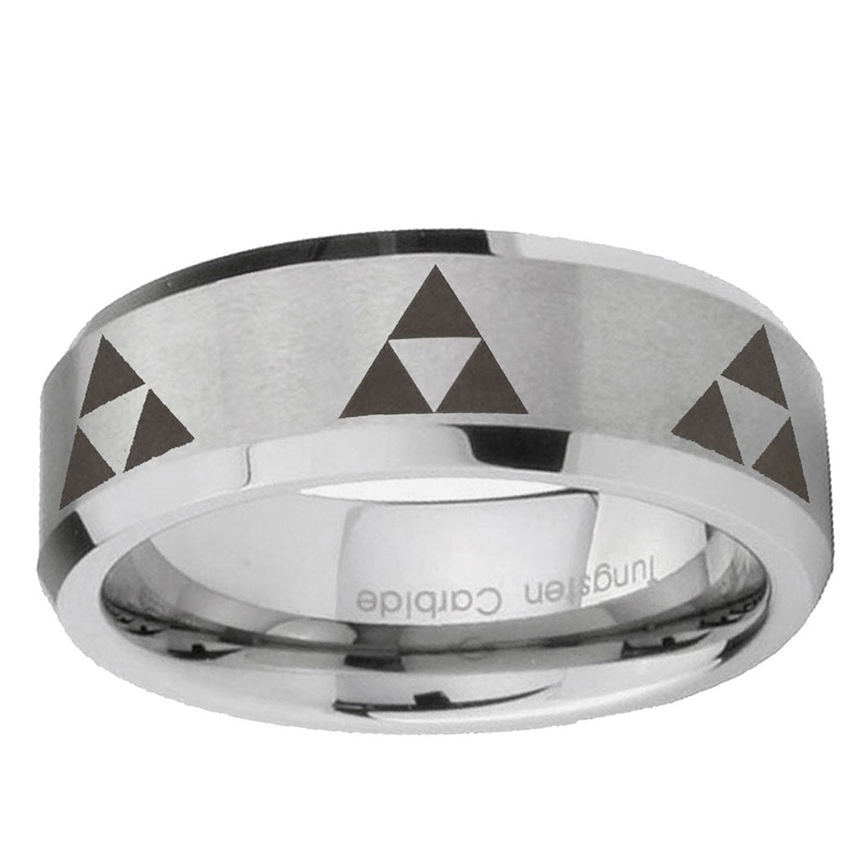 6MM Multiple Zelda Triforce Beveled Brushed Gray Tungsten Ring