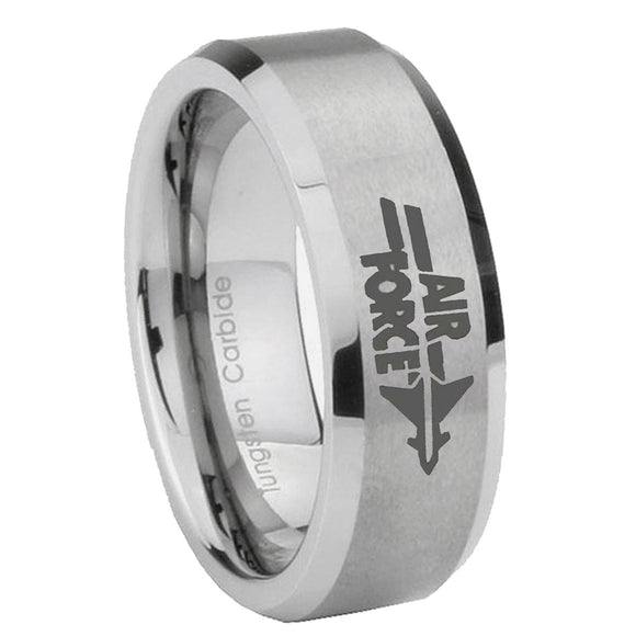 6, 8mm Mirror Bevel Edges Air Force Brushed Grey Tungsten Laser Engraved Ring