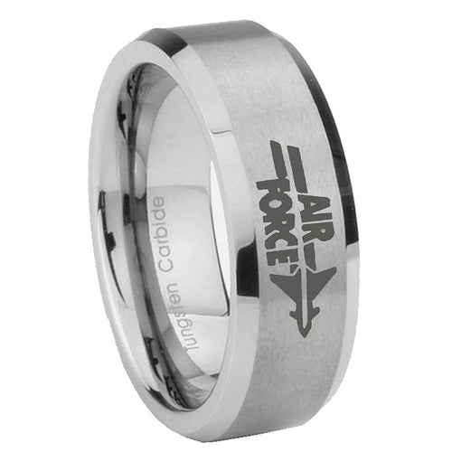 10mm Beveled Air Force Mirror Beveled Edges Matte Grey Tungsten Carbide Ring