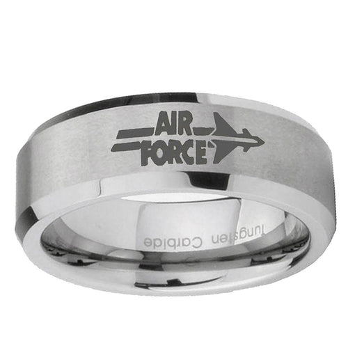 10mm Beveled Air Force Mirror Beveled Edge Matte Grey Tungsten Carbide Ring