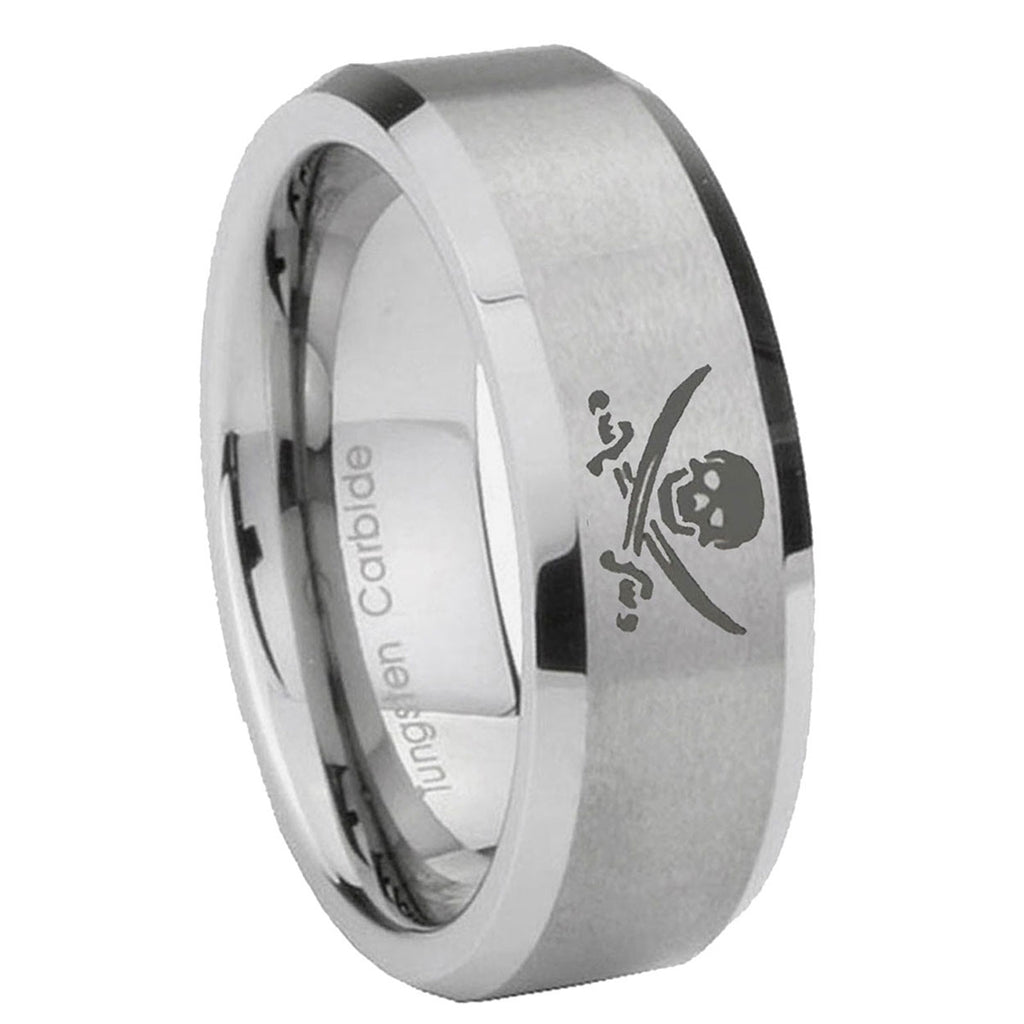 10mm Skull Pirate Beveled Edges Matte Grey Tungsten Carbide Wedding Bands Ring