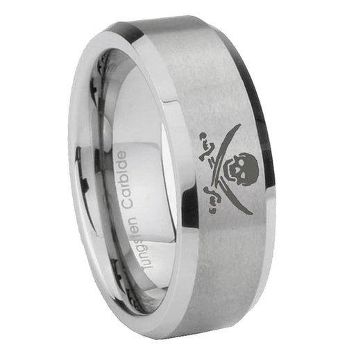 10mm Skull Pirate Beveled Edges Matte Grey Tungsten Carbide Wedding Bands Ring