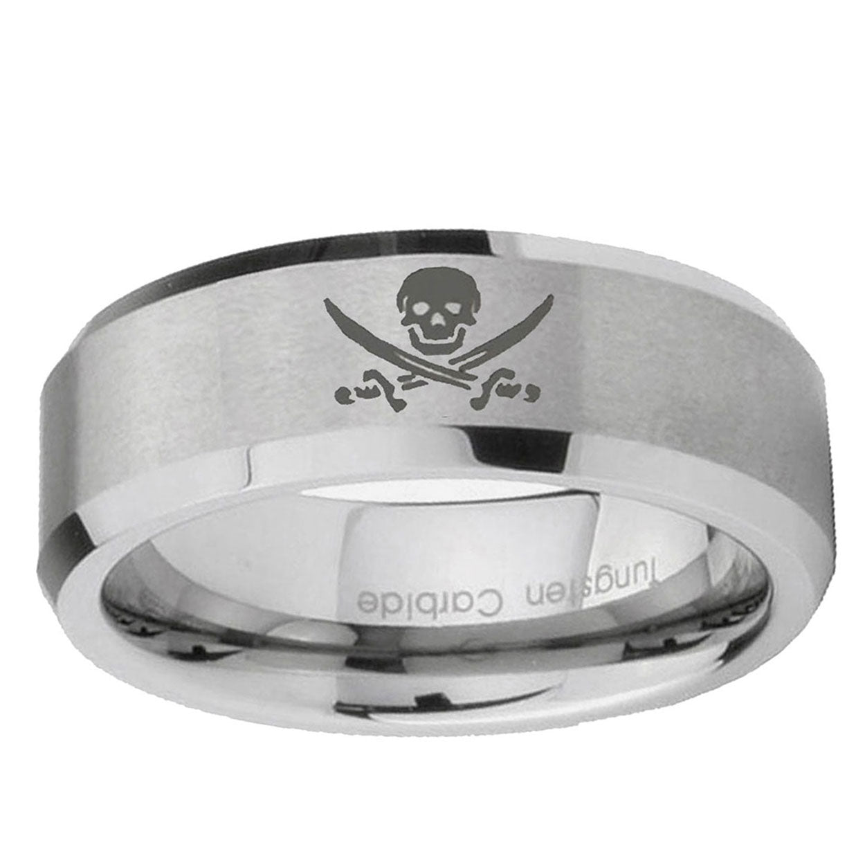 6MM Skull Pirate Beveled Brushed Gray Tungsten Man Wedding Band