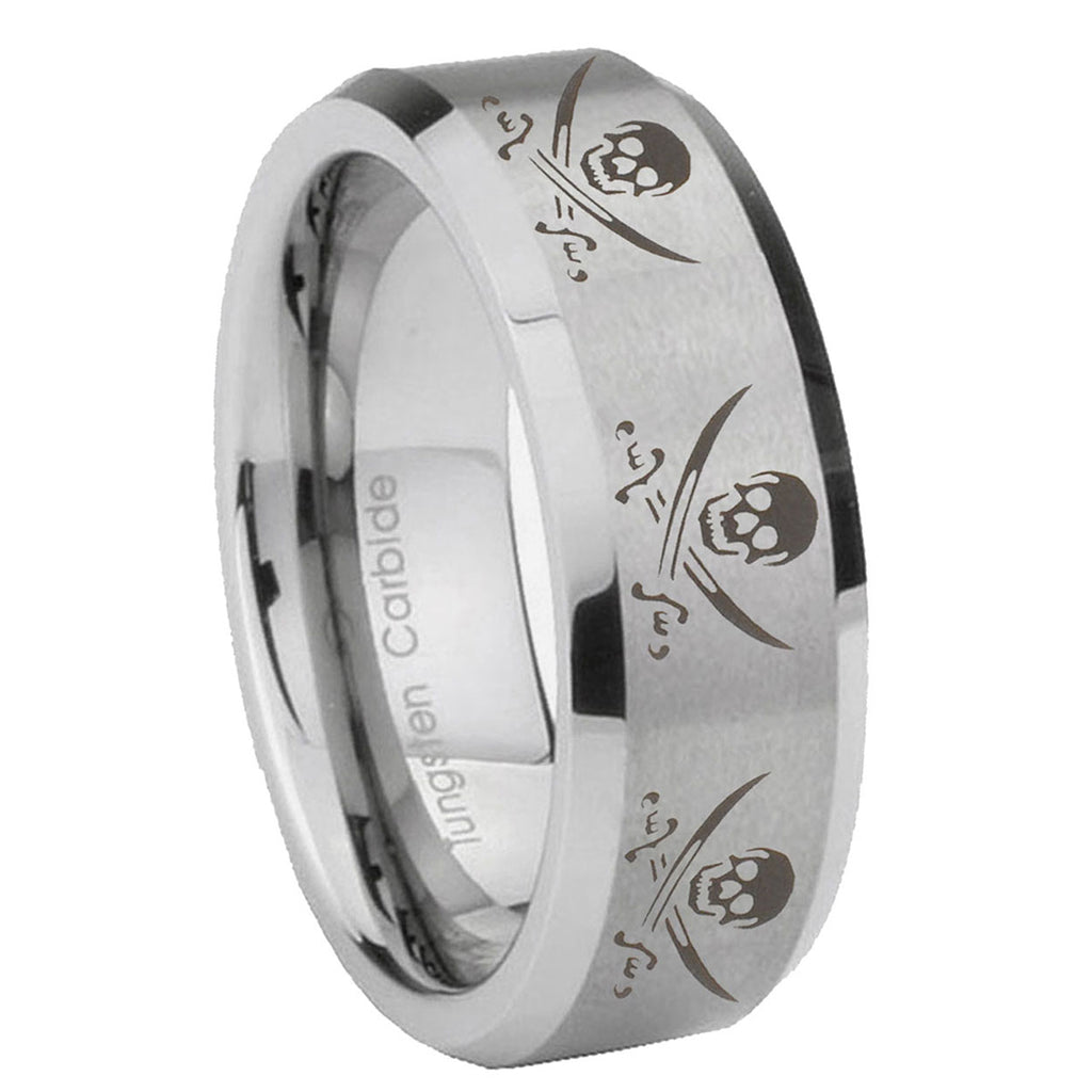 8MM Multiple Skull Pirate Beveled Brushed Gray Tungsten Ring