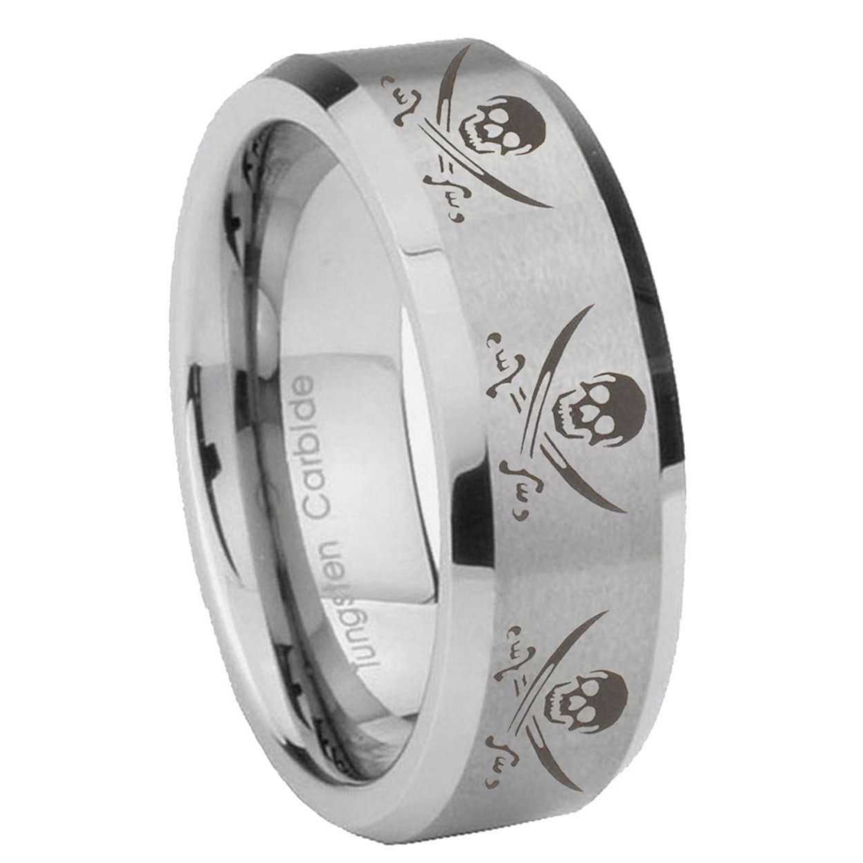 8MM Multiple Skull Pirate Beveled Brushed Gray Tungsten Ring