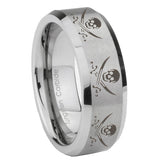 8mm Multiple Skull Pirate Bevel Edge Brushed Gray Tungsten Carbide Men's Ring