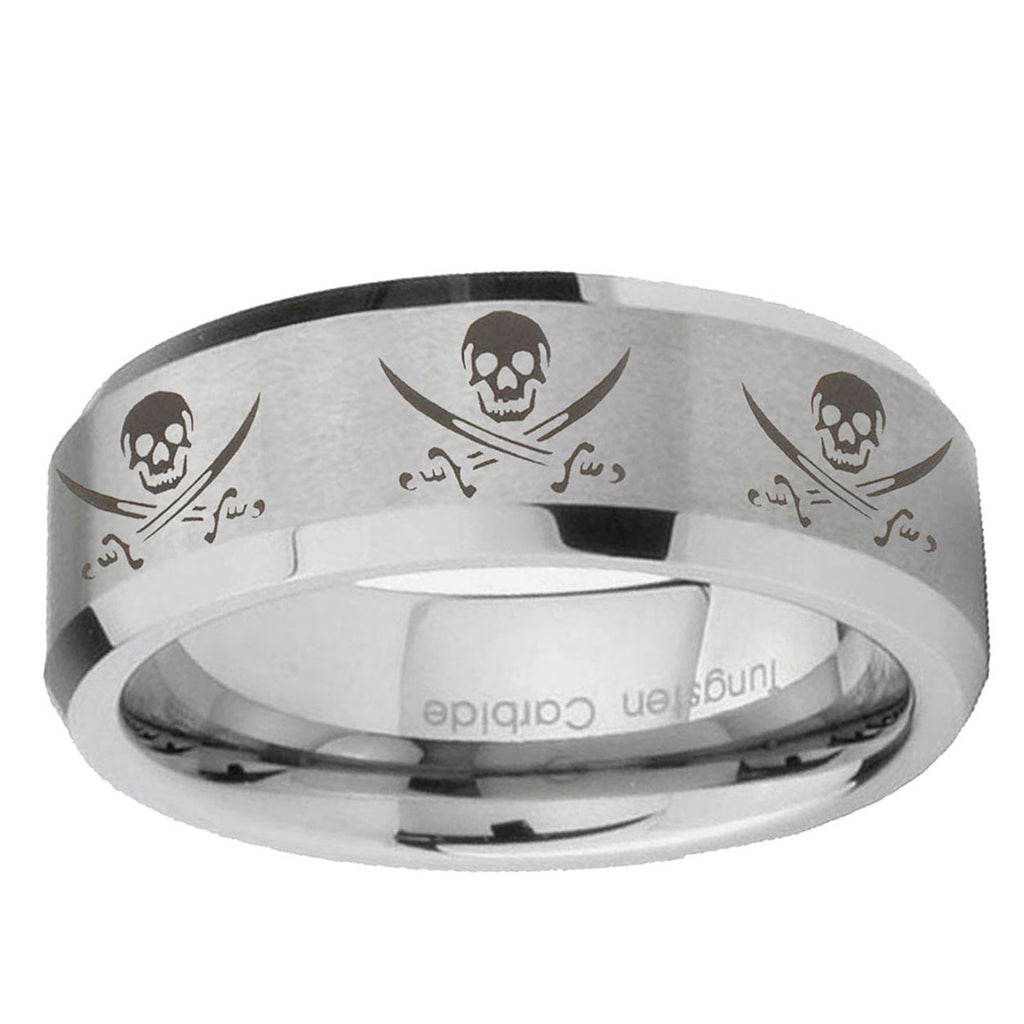 6MM Multiple Skull Pirate Beveled Brushed Gray Tungsten Ring