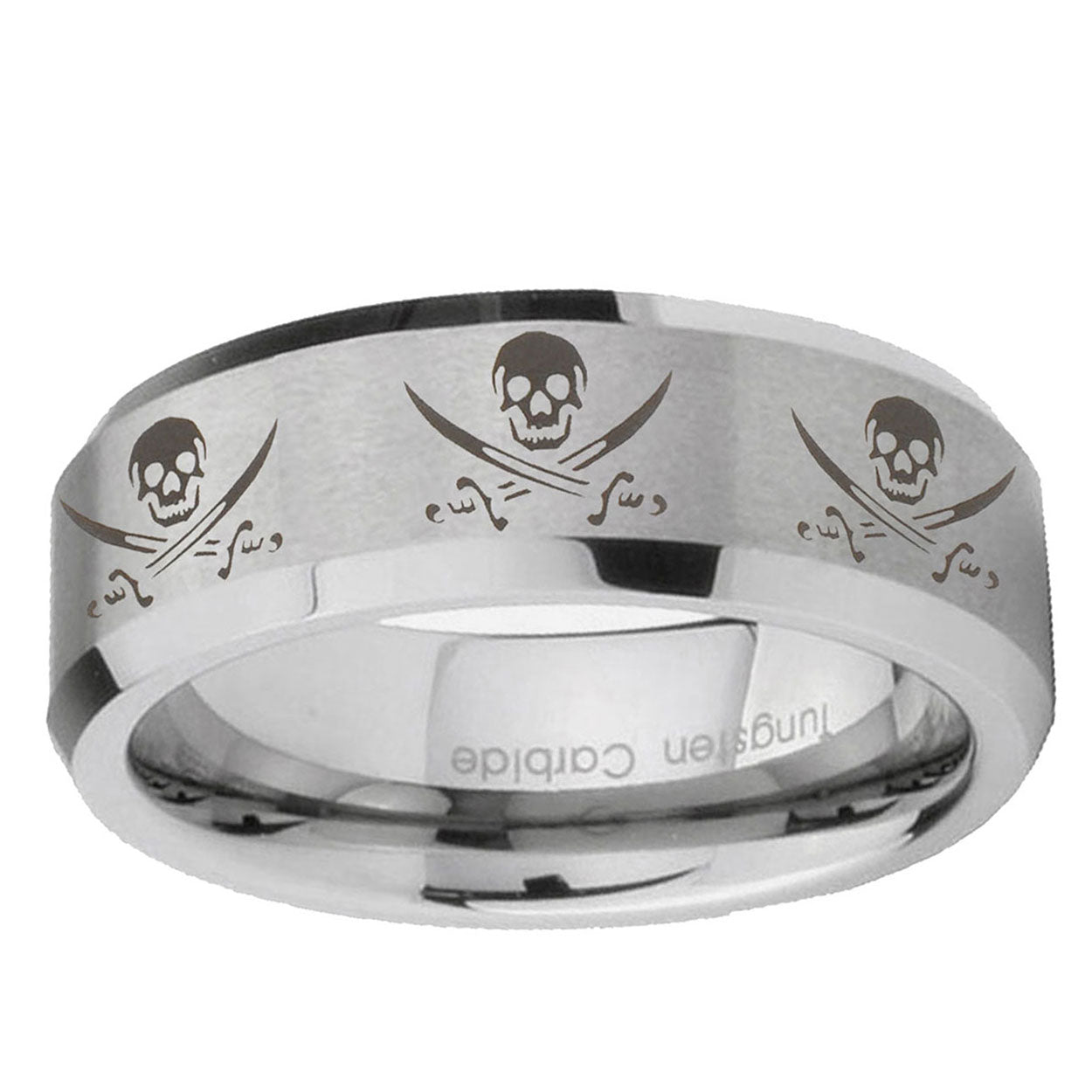 6MM Multiple Skull Pirate Beveled Brushed Gray Tungsten Ring