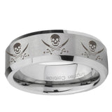6mm Multiple Skull Pirate Bevel Edge Brushed Gray Tungsten Carbide Men's Ring