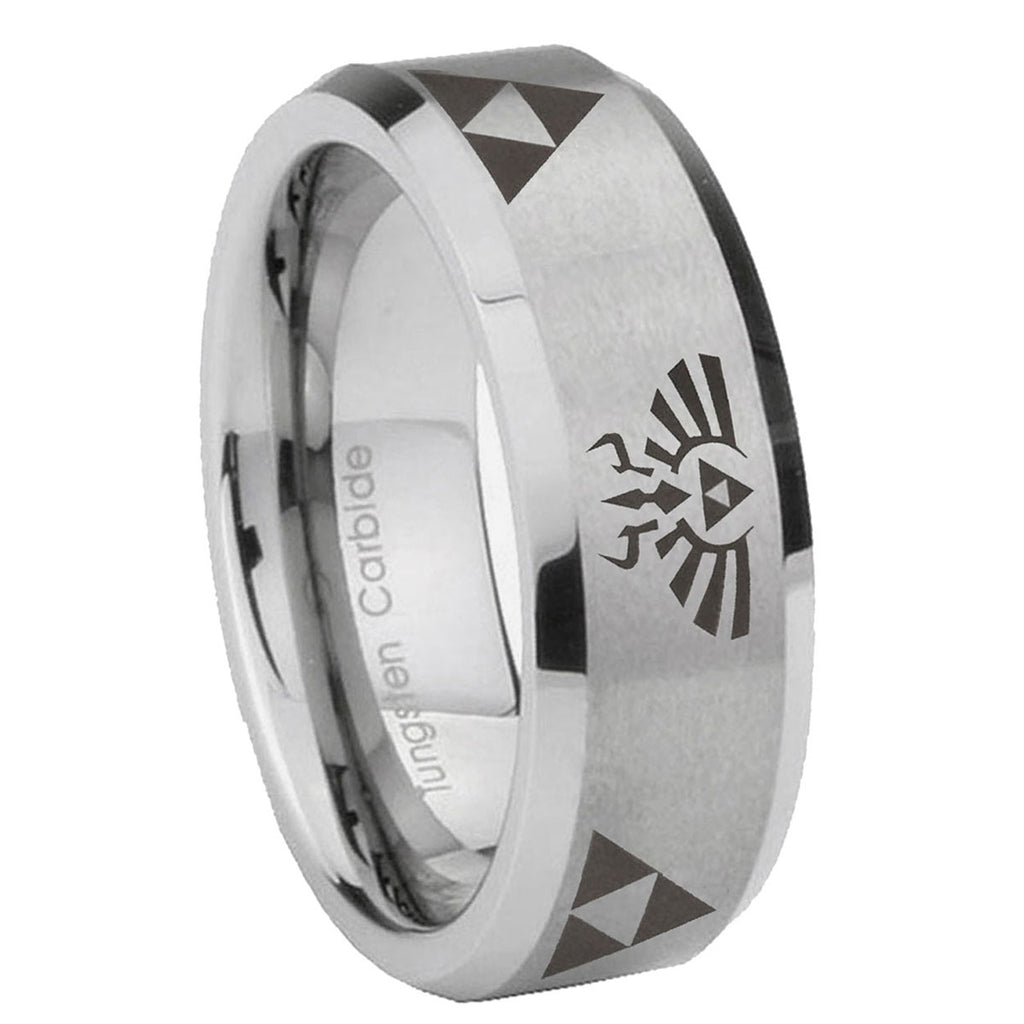 10mm Legend of Zelda Beveled Edges Matte Grey Tungsten Carbide Engraved Ring