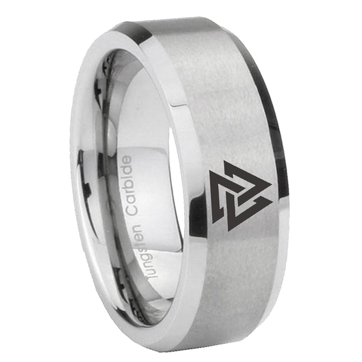 8MM Viking Symbol Beveled Brushed Gray Tungsten Man Wedding Ring