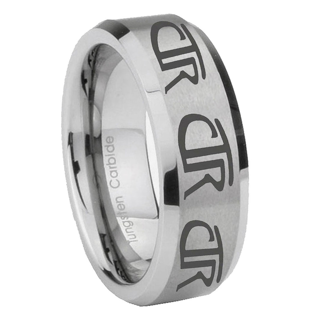 8MM Multiple CTR Bevel Beveled Brushed Gray Tungsten Mens Ring
