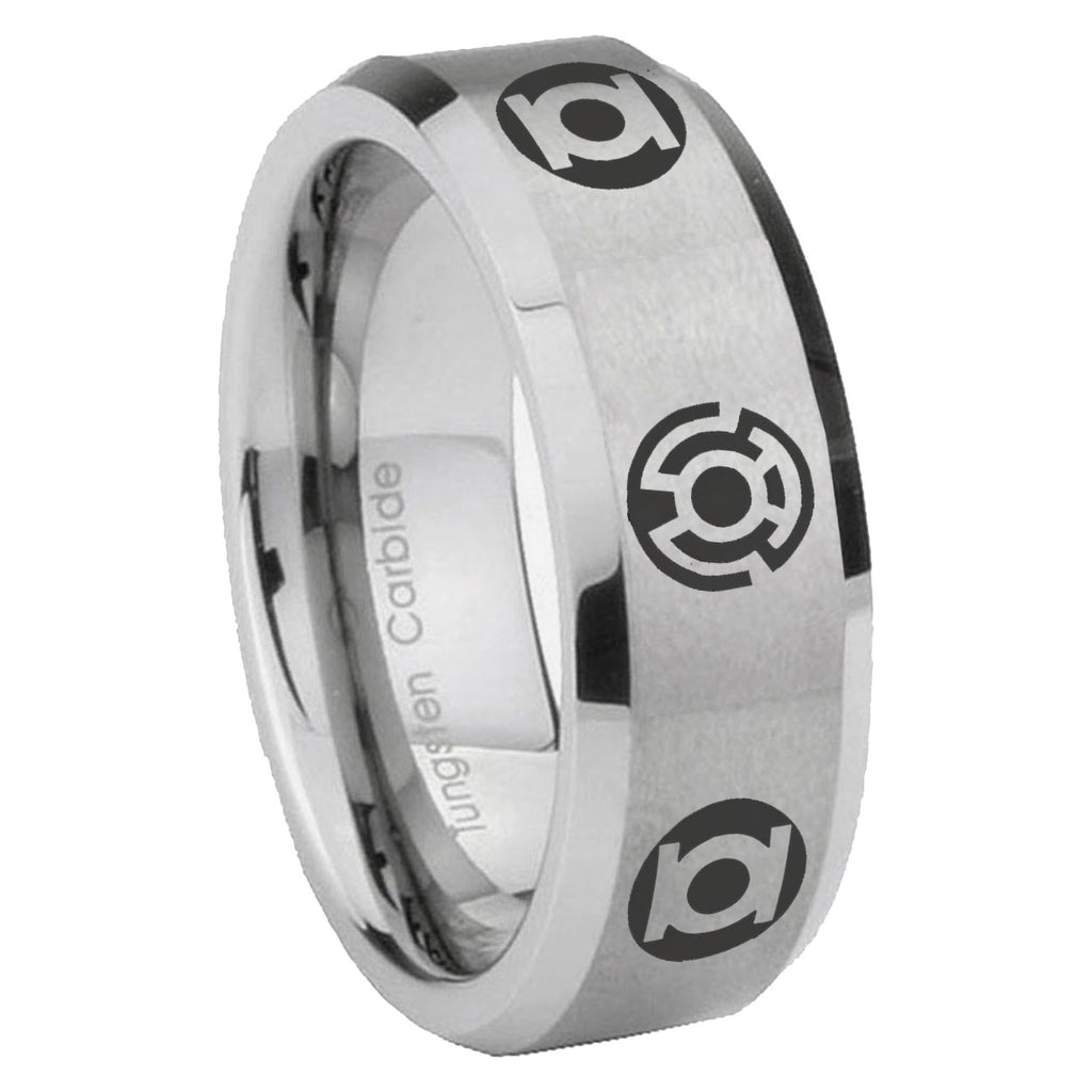 8MM Blue Green Lantern Beveled Brushed Gray Tungsten Ring For Men