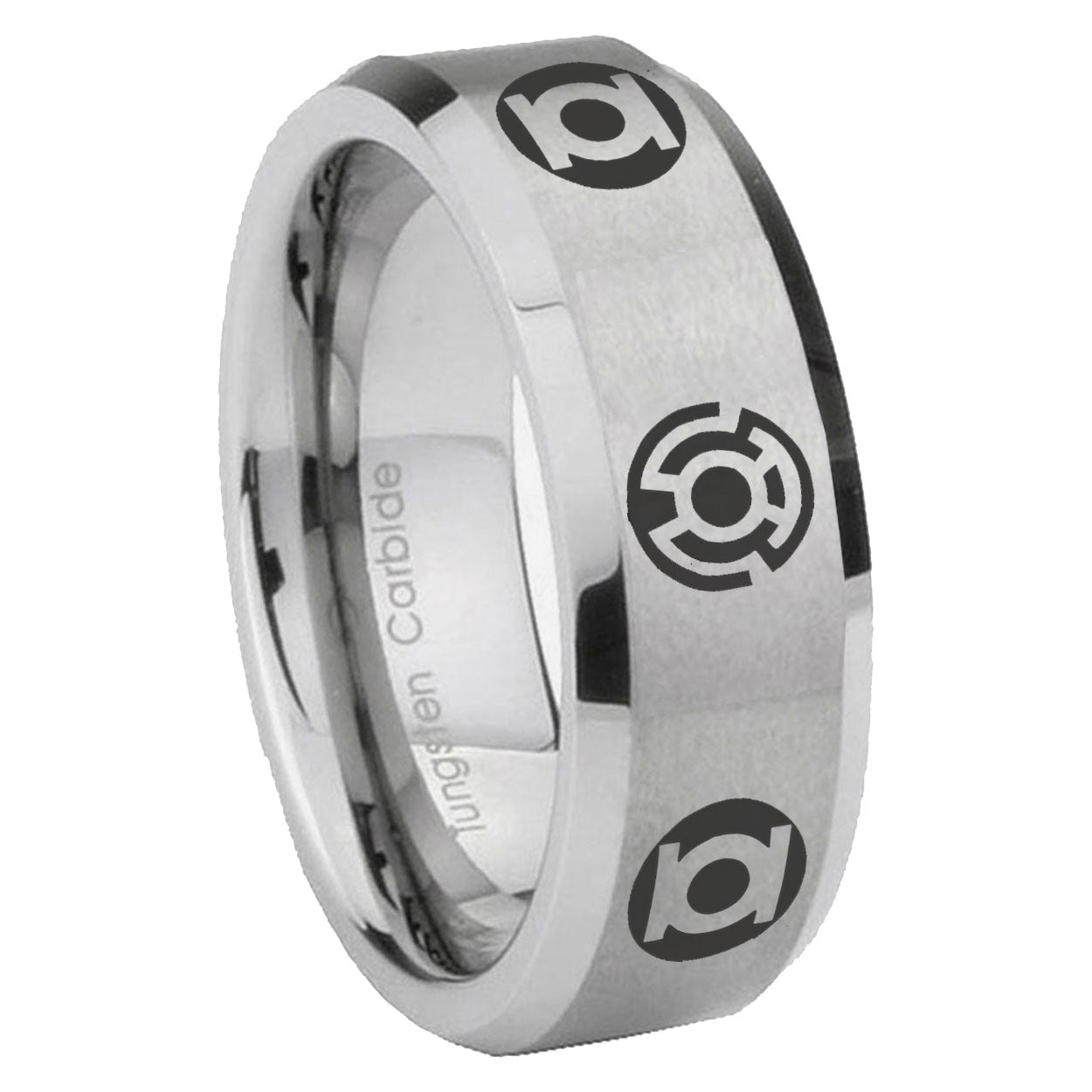 8MM Blue Green Lantern Beveled Brushed Gray Tungsten Ring For Men